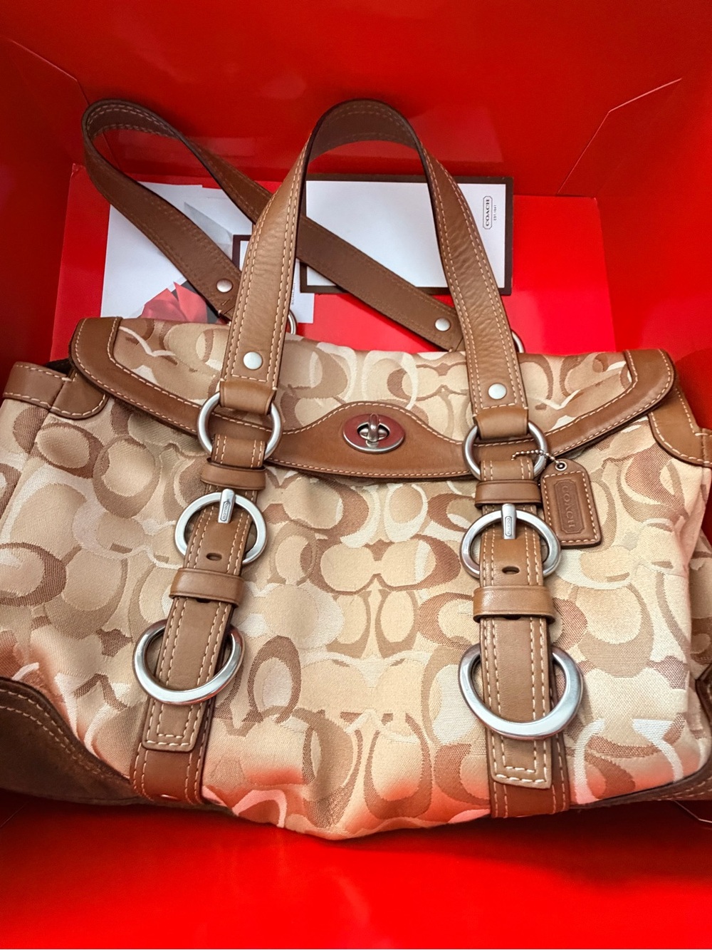 Coach Tan Signature Canvas Shoulder Bag with Leather Trim
